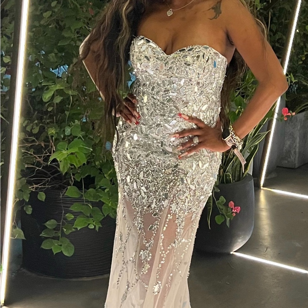 Elegant Silver Sequin Strapless Gown